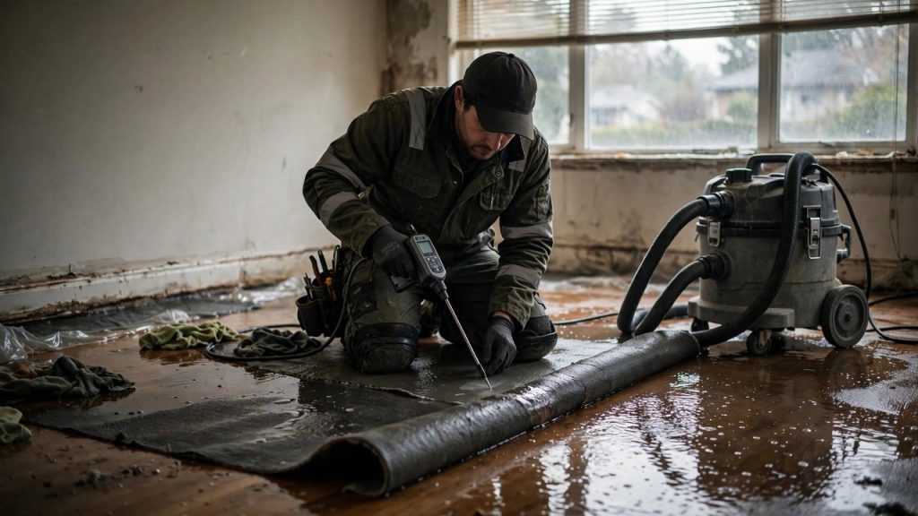 Technician checking a wet carpet with a moisture meter beside a water extractor machine