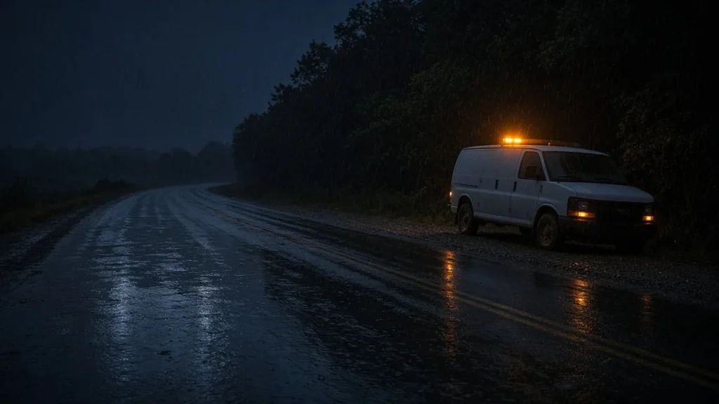 Night rain on a rural Virginia road with a restoration van parked on the shoulder