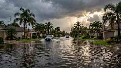 Flooded Florida residential street with palm trees and Mediterranean-style homes; a dark SUV drives through deep floodwater under dark storm clouds with sun rays breaking through