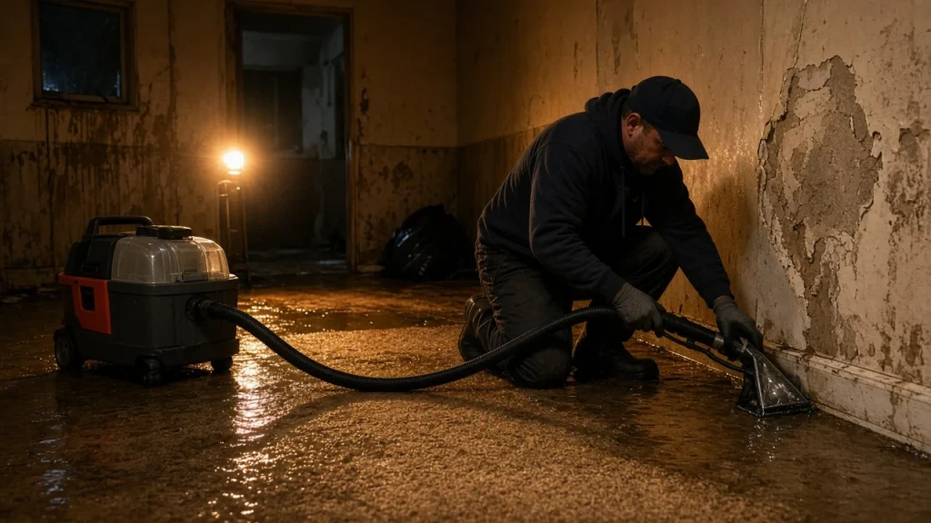 Restoration crew extracting water during emergency water mitigation.