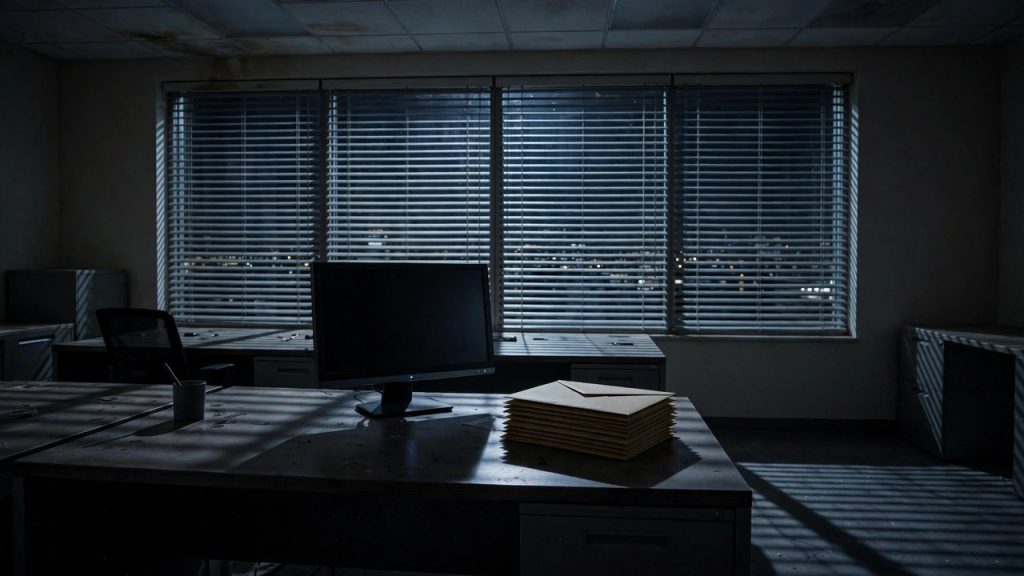 Empty dimly lit office interior at night with unopened envelopes on a desk