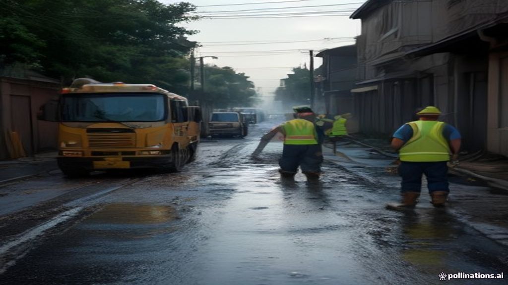 Water main break flooding a residential street with utility crew on site