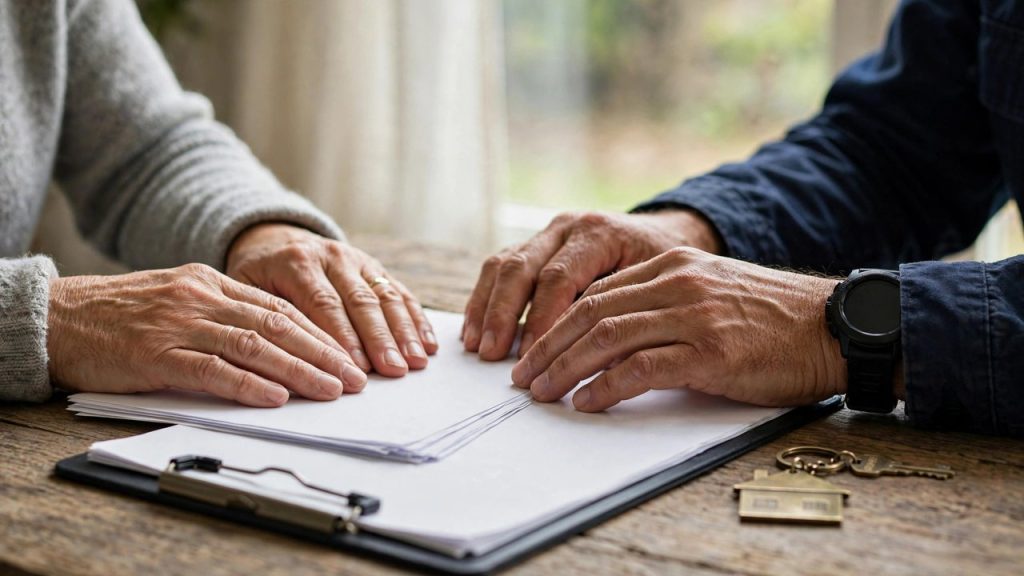 Contractor and claims advocate shaking hands over a claim file, editorial illustration