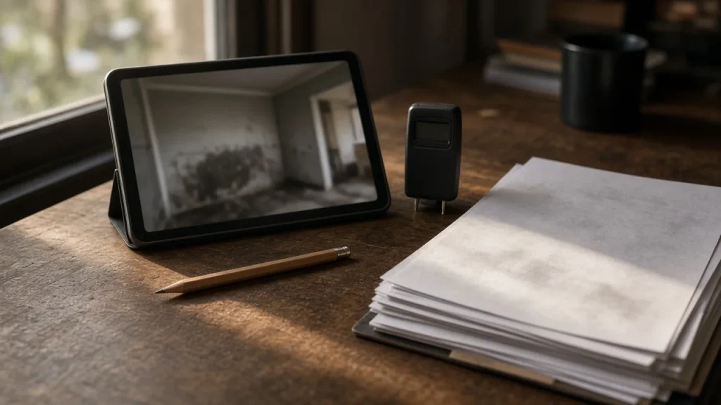 Estimator's desk with a tablet showing a water-damaged room and printed scope pages