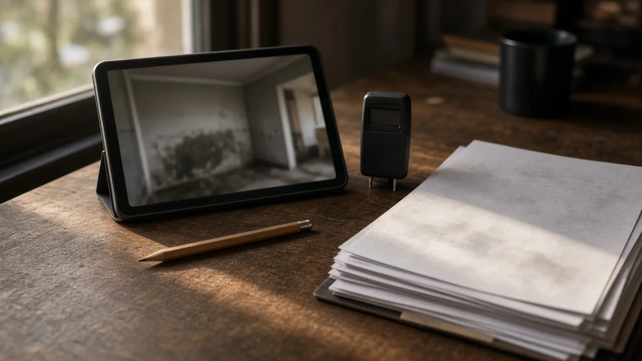 Estimator's desk with a tablet showing a water-damaged room and printed scope pages