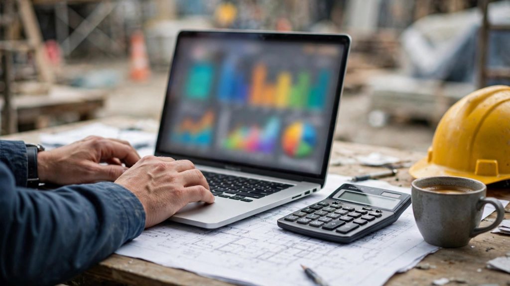 Project manager's hands on a laptop with a blurred financial dashboard and calculator on a desk