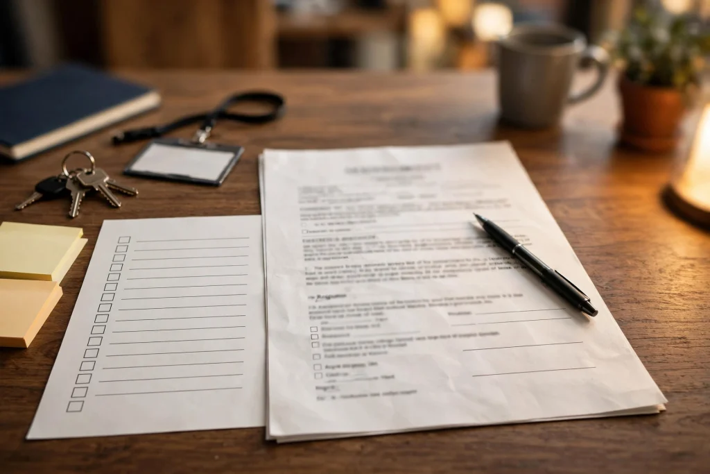 Commercial emergency services agreement on a facility manager's desk with a response checklist