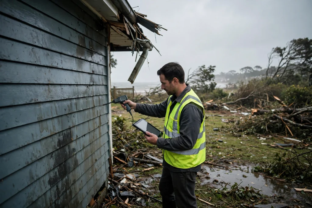 Restoration estimator photographing water lines and recording moisture readings at a storm-damaged property before mitigation begins.