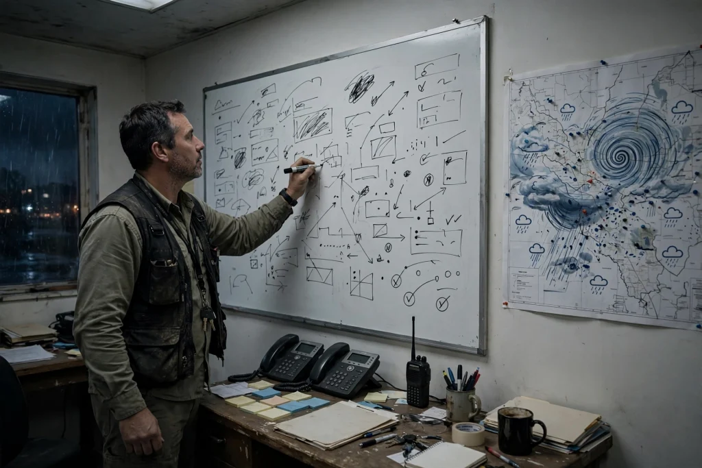 Restoration company general manager at a storm operations board assigning crews during the first hours of a weather surge.