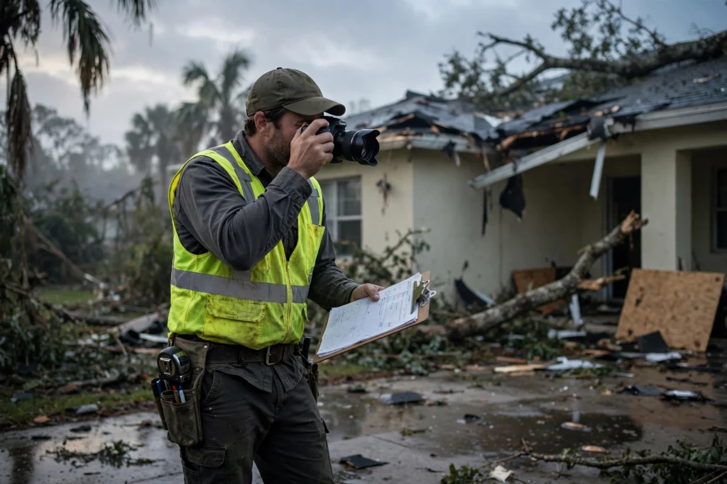Estimator photographing and documenting storm damage at a property during the post-storm claims process