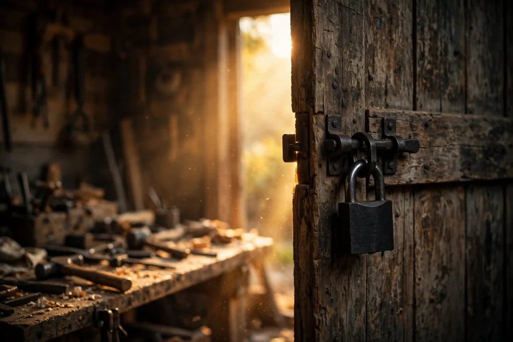 An old wooden workshop door with an iron padlock and bolt, golden light coming through the gap