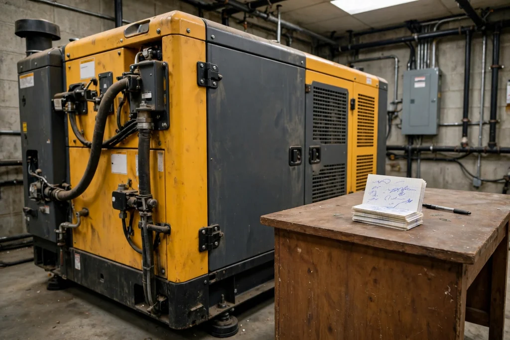 Commercial building backup generator beside a short stack of 3x5 index cards