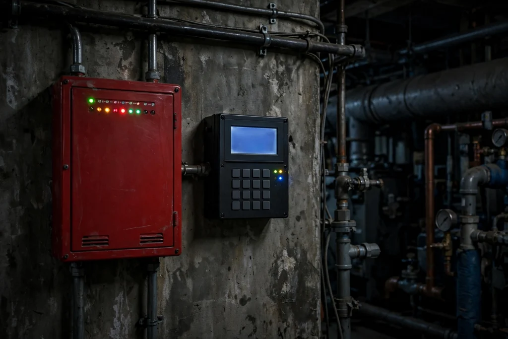 Fire alarm control panel and monitoring keypad on a commercial mechanical-room wall