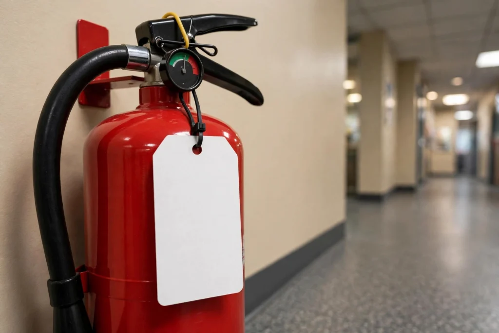 Close-up of an inspection tag on a red portable fire extinguisher mounted in a commercial hallway