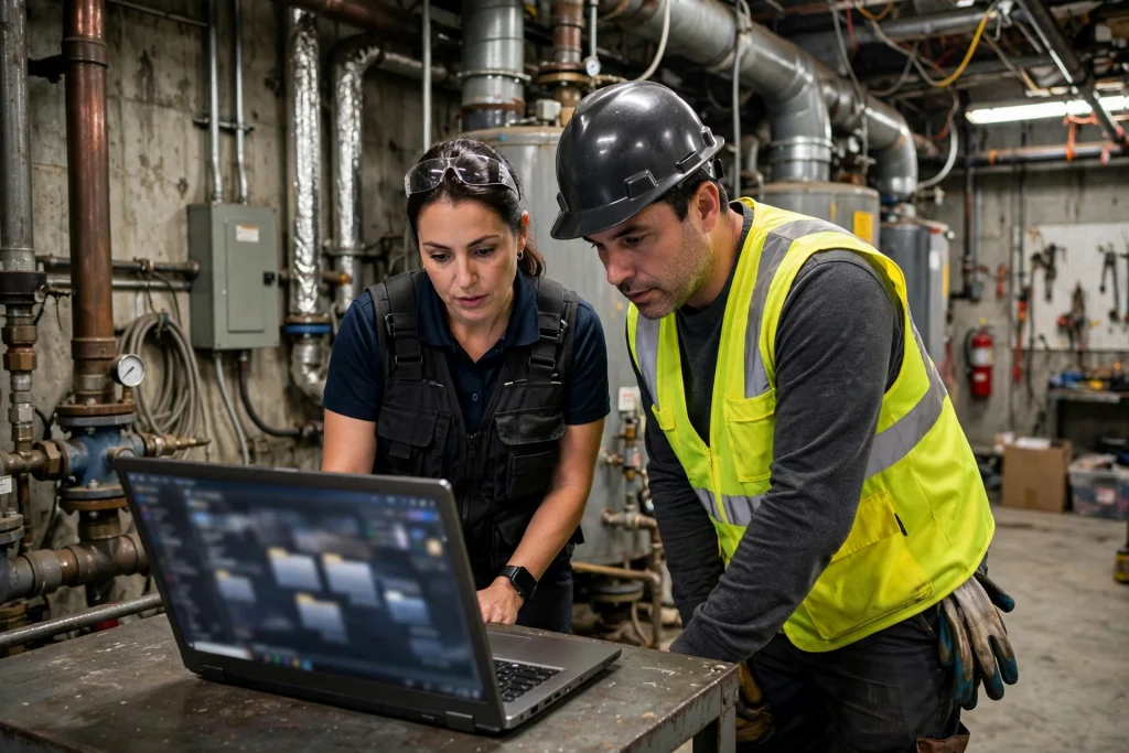 Facility manager and restoration lead reviewing an emergency response plan folder structure on a laptop in a commercial building mechanical room