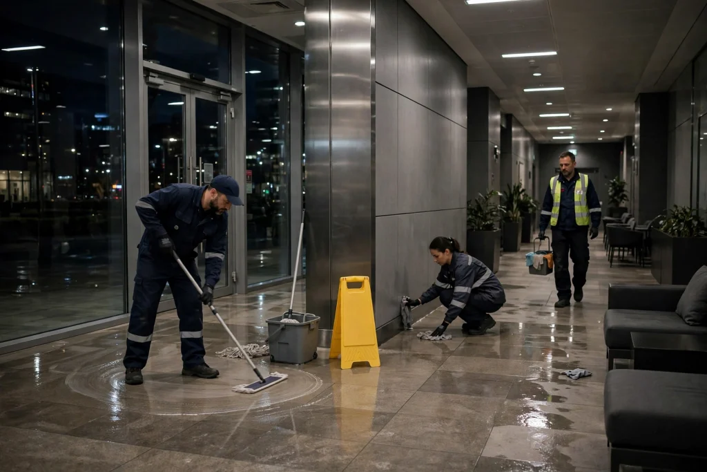 Night janitorial crew working a commercial lobby floor after hours, wet-floor sign standing in a corridor