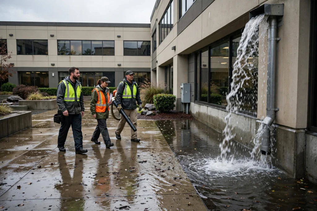 Commercial grounds crew walking a wet office-park courtyard after rain, standing water against a building foundation