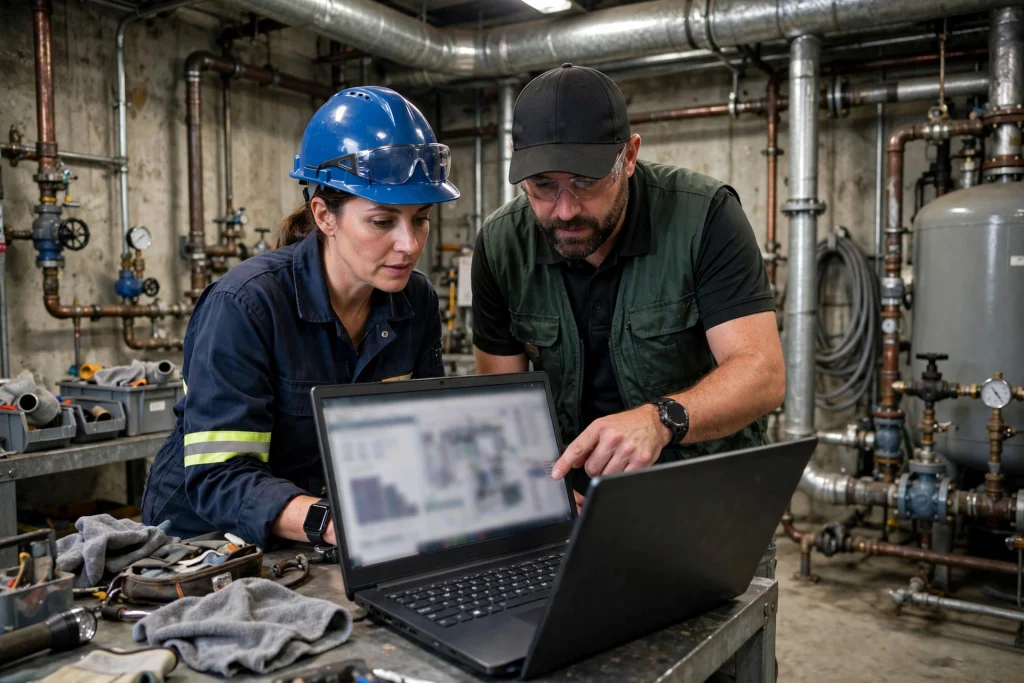 Facility manager and restoration account lead reviewing an emergency response plan library on a laptop in a commercial mechanical room