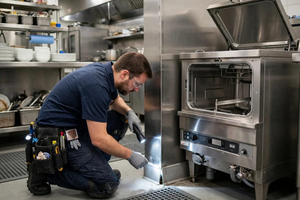 Commercial pest technician crouched at a restaurant kitchen wall-floor junction beside a dish machine, inspecting staining at the baseboard