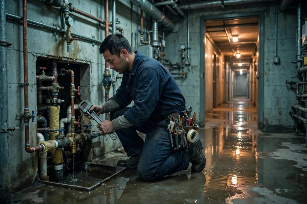 Commercial plumber isolating a leak in a building mechanical room while standing water remains on the corridor floor
