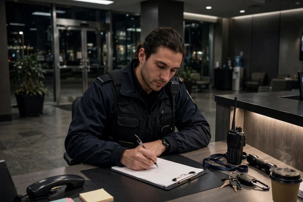 Night-shift contract security officer at a commercial lobby desk writing an incident report, radio and clipboard in frame