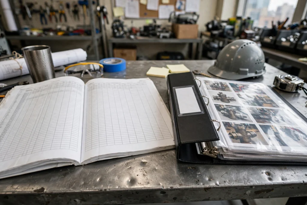 Open facilities workbook on a metal desk beside a labeled binder of shut-off photos in a commercial engineer office