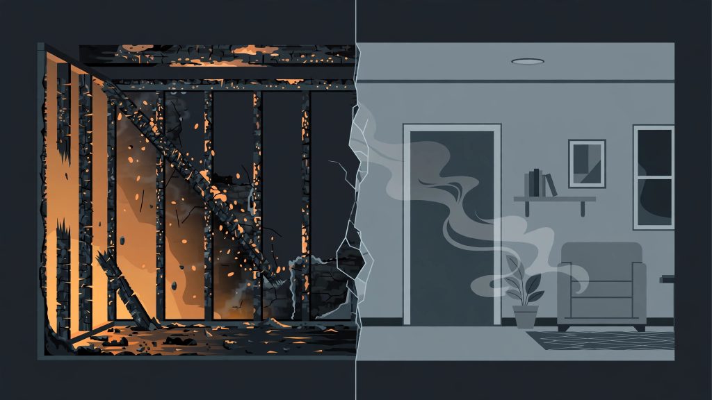 Stylized illustration: charred structural framing on the left, smoke drifting into an untouched room on the right.