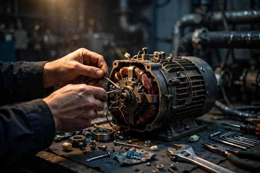 A technician's hands rebuilding an electric motor on a workbench, tools laid out with care