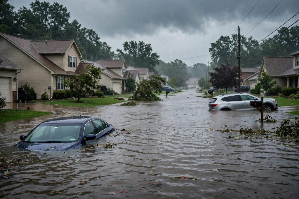 Urban flash flooding on a rain-soaked suburban street
