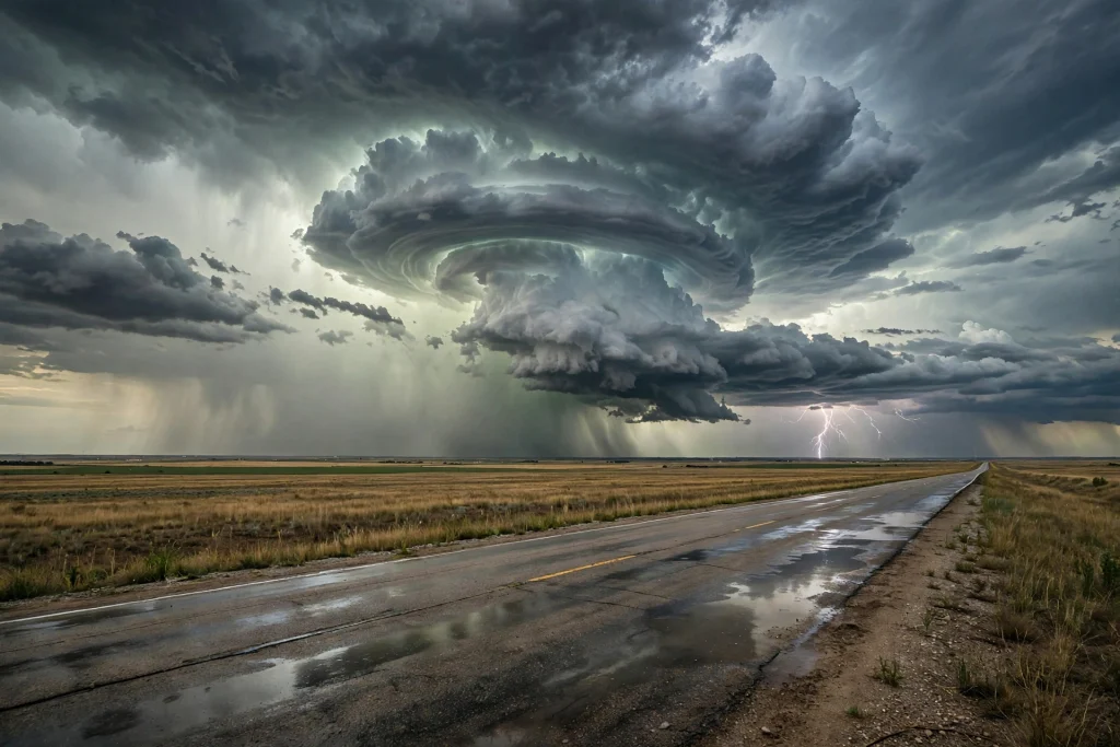 Severe thunderstorm supercell over the plains with lightning