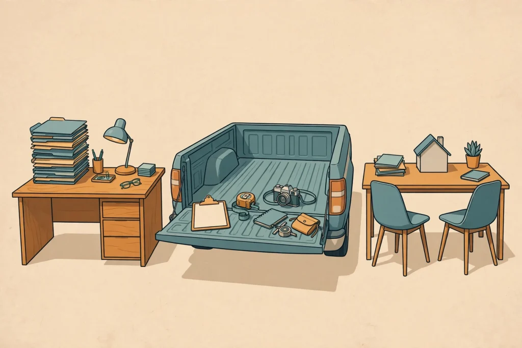 Three desks side by side — a salaried office desk with a claim queue, a contractor field desk on a truck tailgate, and an advocate desk facing a homeowner — representing the three adjuster economies.